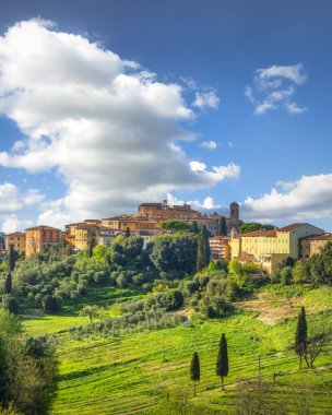 Lari 'nin eski şehir siluetinin dikey panoramik görüntüsü, kırsal alana bakan antik bir kale. Casciana Terme Lari, Pisa ili, Toskana bölgesi, İtalya