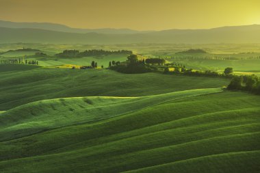 Tuscany Bahar, Puslu sunset bulvarında tepeler haddeleme. Kırsal manzara.