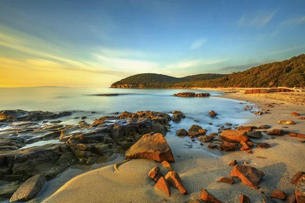 Puesta de sol en la playa de Cala Violina en Maremma, Toscana. Mediterráneo. —  Fotos de Stock