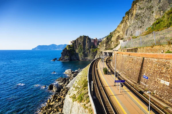 Manarola χωριό, τρένο ή σιδηροδρόμου σταθμό πέτρας και της θάλασσας. Cinque — Φωτογραφία Αρχείου