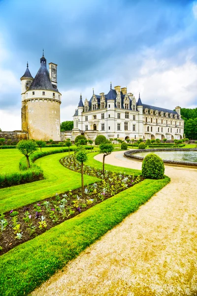 Chateau de Chenonceau Unesco medieval french castle and pool gar — Stock Photo, Image