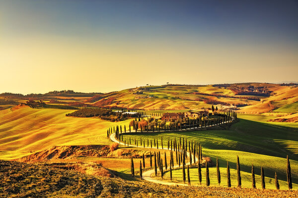 Tuscany, Crete Senesi rural sunset landscape. Countryside farm, 