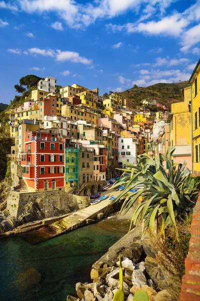 Riomaggiore paese, rocce e mare al tramonto. Cinque Terre, Ligu — Foto Stock