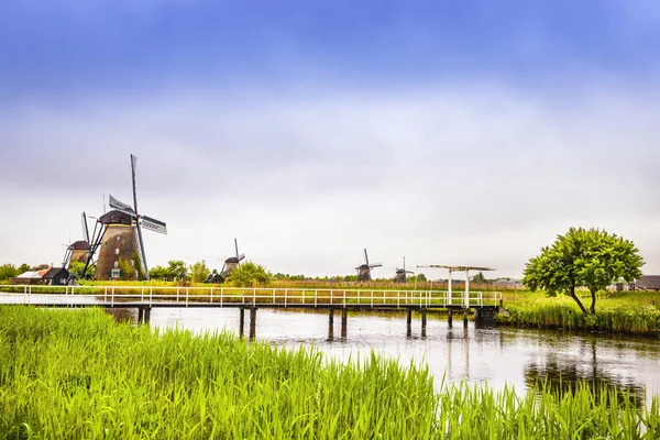 Molinos de viento y canal en Kinderdijk, Holanda o Países Bajos. UNESC — Foto de Stock