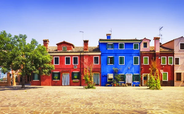 Oriëntatiepunt van Venetië, Burano island vierkante, boom en kleurrijke huizen, — Stockfoto