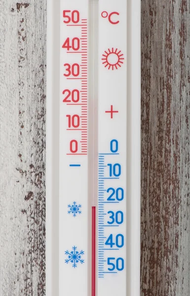 Old thermometer on the old wooden background