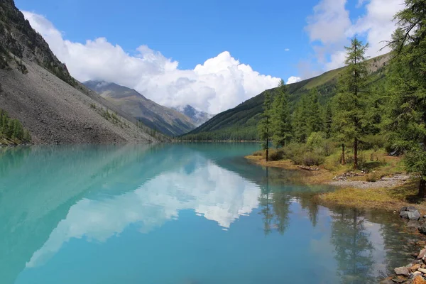 Turkuazdaki bulutların yansıması Altai Dağları 'ndaki Orta Shavlin Gölü