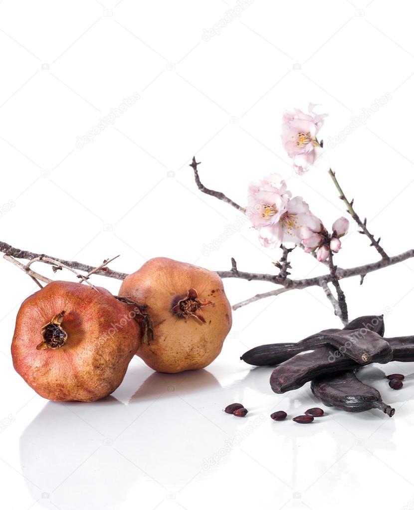 typical Mediterranean products: pomegranate, carob and almond br