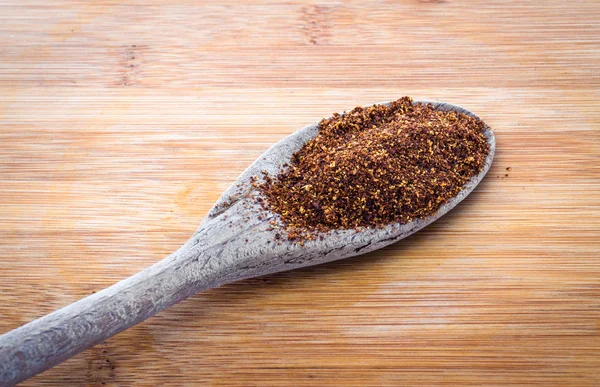 Red Chili pepper powder spices on spoon — Stock Photo, Image