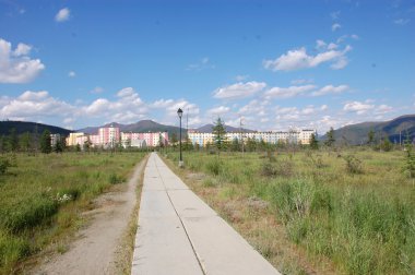 Flagstone pathway at tundra area near town district clipart