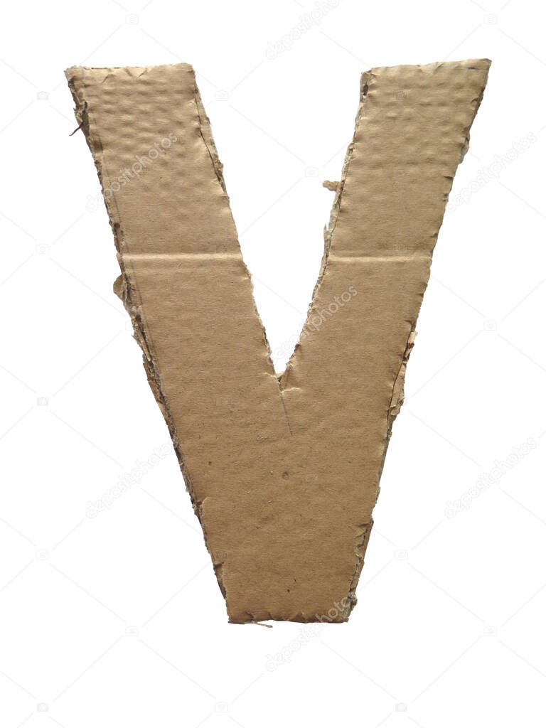 Cardboard texture Letter V. Paperboard alphabet