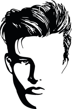 Sakallı adam, saç tıraşlı bir hippiyle karşı karşıya. Berber dükkanı ve logo şablonu için erkek modası. Vektör İllüstrasyonu