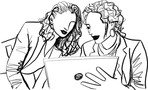 Croquis Femmes Affaires Travaillant Bureau Illustration Vectorielle — Image vectorielle