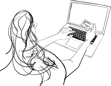 İnternetten alışveriş ve ödeme kavramı, masa başında bilgisayar klavyesine yazı yazan ve elinde bir kredi kartı vektörü illüstrasyonu tutan bir kadınla.