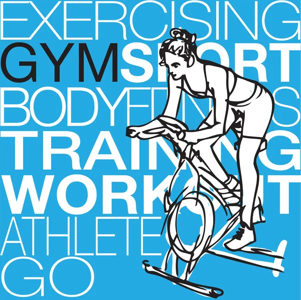 Illustration av unga kvinnor på stationära cyklar träning i th — Stock vektor