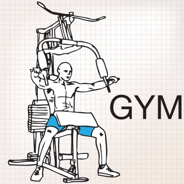 Spor salonunda, kaslı bir adamın spor makinesinde egzersiz yaptığı görüntüsü.