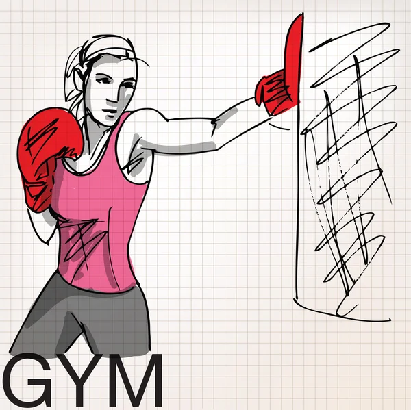 Illustration of woman with boxing gloves at workout, at gym — Stock Vector