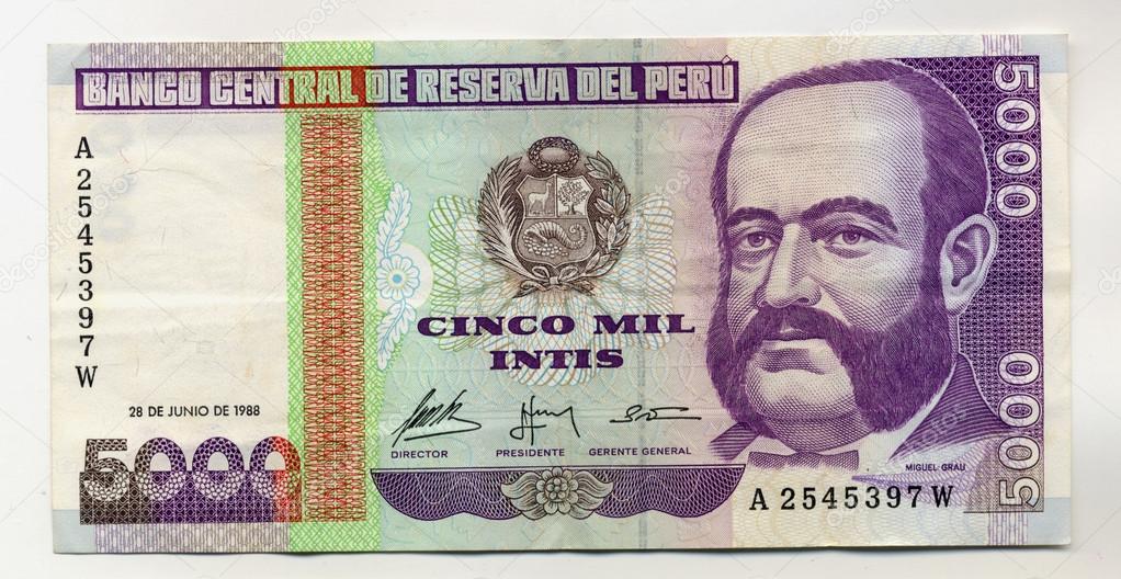 Admiral Miguel Grau on 5000 Intis 1988 Banknote from Peru.