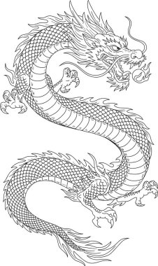 Geleneksel bir Çin ejderhasının siyah-beyaz çizgili sanatı. Vücudu akıcı ve keskin pullu..