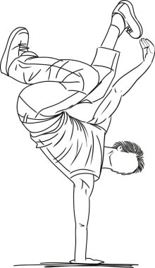 Dinamik break dans dansçısı bir elinde dondurucu bir pozla dengede duruyor. Güç, esneklik ve sokak stili gösteriyor..