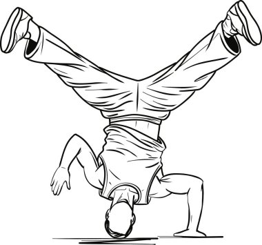 Bir breakdance dansçısı, bacaklarını açıp, sokak dansı stili, denge ve güç göstererek amuda kalkar..