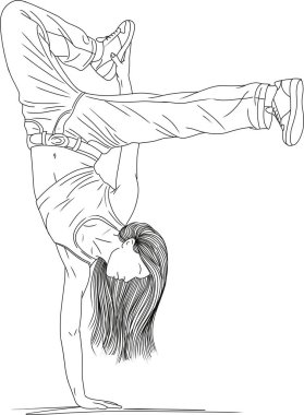 Kadın bir sokak dansçısının el çizimi robot resmi amuda kalkıyor. Arka planda baş aşağı duran genç bir kadının doğrusal tasarımı.