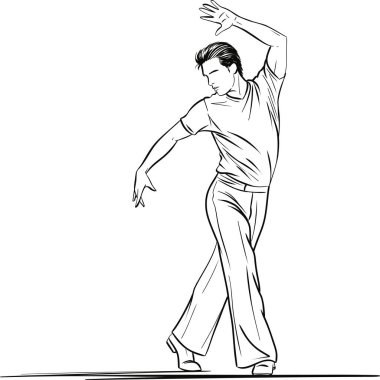 Yumuşak ve akıcı pozlarda dans eden bir erkek dansçının stilize bir çizimi. İllüstrasyon zarafet, hareket ve dışavurumsal beden kontrolünü vurguluyor.