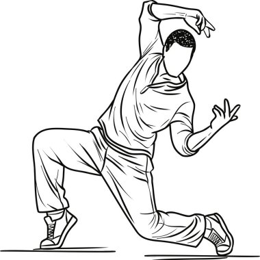 Etkileyici ve dramatik bir hareketle yakalanmış bir erkek dansçının stilize edilmiş çizimi. Resimlerde hareket, kontrol ve sanatsal vücut ifadesi vurgulanıyor.