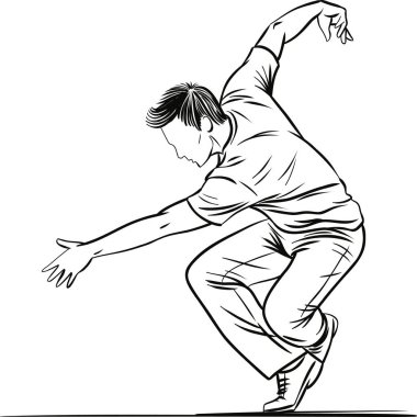 Düşük ve anlamlı bir hareketle yakalanmış bir erkek dansçının stilize edilmiş çizimi. İllüstrasyonda akışkan hareket, denge ve dinamik beden kontrolü vurgulanıyor.