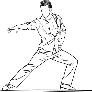 Bir erkek dansçının tek kolu açık ve anlamlı bir duruş sergilediği stilize bir çizim. İllüstrasyonda kontrol, zarafet ve akışkan hareket vurgulanıyor.