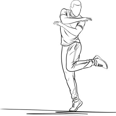 Dinamik zemin seviyesinde dans eden bir kadının hareketli ve esnek kollu bir şekilde çizilmiş çizimi. Ritim, enerji, çeviklik ve dışavurumsal hareket temaları için ideal