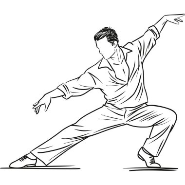 Geniş ve anlamlı pozlarda bir erkek dansçının stilize edilmiş çizimi. Resimlerde denge, zarafet ve akışkan vücut hareketleri vurgulanıyor.