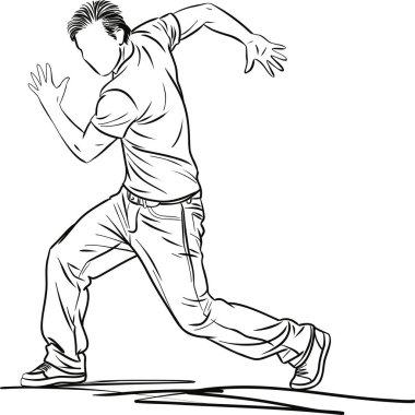 Güçlü ve enerjik bir hareketle yakalanan bir erkek dansçının stilize edilmiş çizimi. Resimlerde hareket, güç ve dışavurumsal beden kontrolü vurgulanıyor.