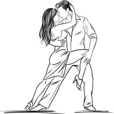 Tutkulu bir şekilde dans eden bir çift, etkileyici bir hareket ve yakın bir bağ kuruyor. Zarif çizgi çalışması ritim, denge ve yoğunluğu vurgular.