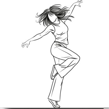 Dinamik zemin seviyesinde dans eden bir kadının hareketli ve esnek kollu bir şekilde çizilmiş çizimi. Ritim, enerji, çeviklik ve dışavurumsal hareket temaları için ideal