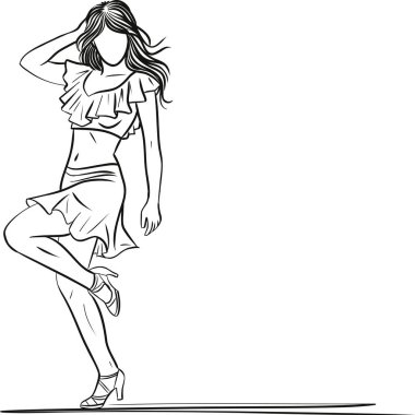 Hareketli ve kendinden emin bir şekilde zarif bir dans pozu veren bir kadının stilize çizimi. Ritim, ifade, hareket ve çağdaş dans temaları için ideal.