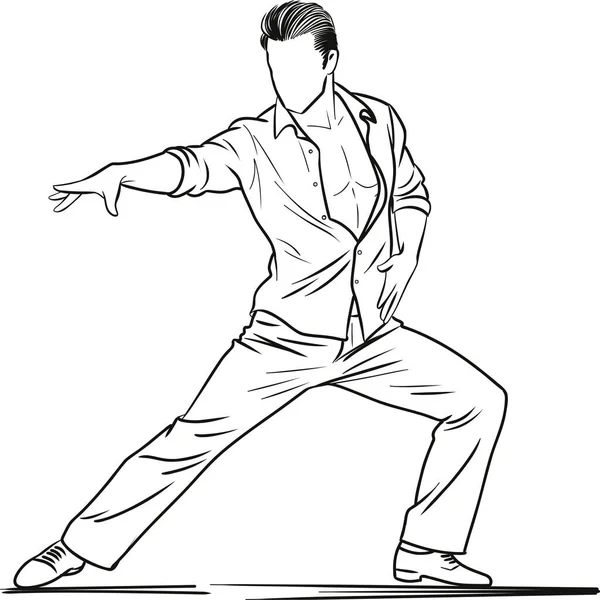 Bir erkek dansçının tek kolu açık ve anlamlı bir duruş sergilediği stilize bir çizim. İllüstrasyonda kontrol, zarafet ve akışkan hareket vurgulanıyor.