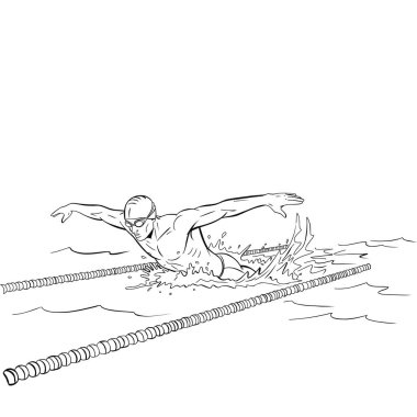 Bir yüzücünün çizgi çizimi güçlü su hareketleriyle şerit çizgileri içinde kelebek hareketi yapıyor. Spor, eğitim ve su performansıyla ilgili konular için uygundur.