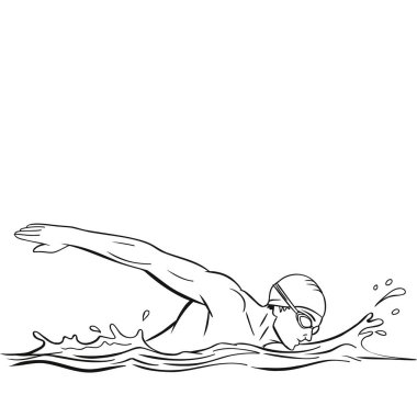 Bir yüzücünün dinamik su hareketiyle serbest stil vuruşu yaptığı bir çizgi çizimi. Spor, eğitim, dayanıklılık ve su performansıyla ilgili konular için ideal.
