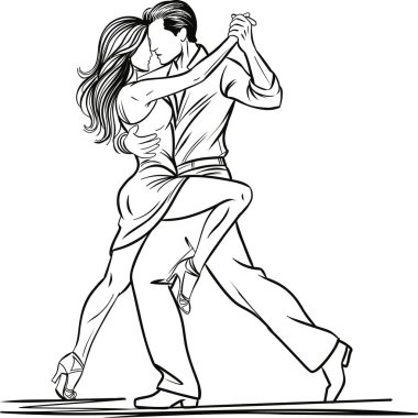 Bir çift, koordineli bir hareket ve kaldırılmış bir bacakla zarif bir dans pozu veriyor. Hareket, koreografi ve anlamlı bağlantı temaları için temiz çizgi sanatı biçimi ideal