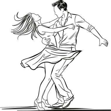 Bir çift hareketli ve dalgalı bir elbiseyle dinamik bir dans pozu veriyor. Hareket, bağlantı ve anlamlı koreografi temaları için temiz çizgi sanatı biçimi ideal