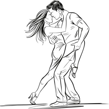 Yüzsüz bir çift, yakın temas ve etkileyici hareketlerle zarif bir dans pozu veriyor. Dans, bağlantı ve koordineli hareket temaları için temiz çizgi sanatı biçimi ideal