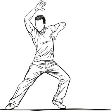 Yüzsüz bir insan, bir kolu havada ve bacakları geniş bir pozisyonda ifade edici bir şekilde dans eder. Hareket, koreografi ve dinamik vücut hareketi temaları için temiz çizgi sanatı biçimi ideal