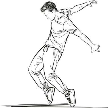 Meçhul bir insan, kollarını açıp dizlerini bükerek dinamik bir yan dans hareketi yapar. Hareket, koreografi ve dışavurumsal vücut hareketi temaları için temiz çizgi sanatı biçimi ideal