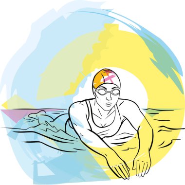 Kolları su ve sıvı vücut hareketlerinin üzerine uzanan bir yüzücünün çizgisi öne doğru uzanıyor. Su sporları, eğitim ve performans temaları için uygundur.