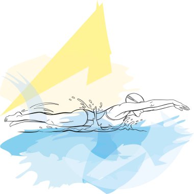 Bir yüzücünün uzun bir serbest stil vuruşunu akışkan vücut uzantısı ve su hareketleriyle yaptığı çizgi çizimi. Su sporları, eğitim ve performans temaları için ideal.