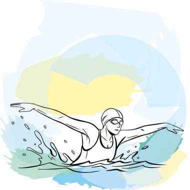 Dinamik su hareketiyle geniş bir yüzme hareketi yapan bir sporcunun çizgisi. Su sporları, eğitim ve performans temaları için ideal.