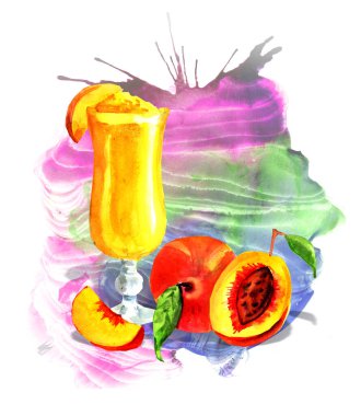 Renkli arkaplanda şeftali kokteyli. Sulu, taze şeftali ve yanında bir bardak taze meyve suyu.