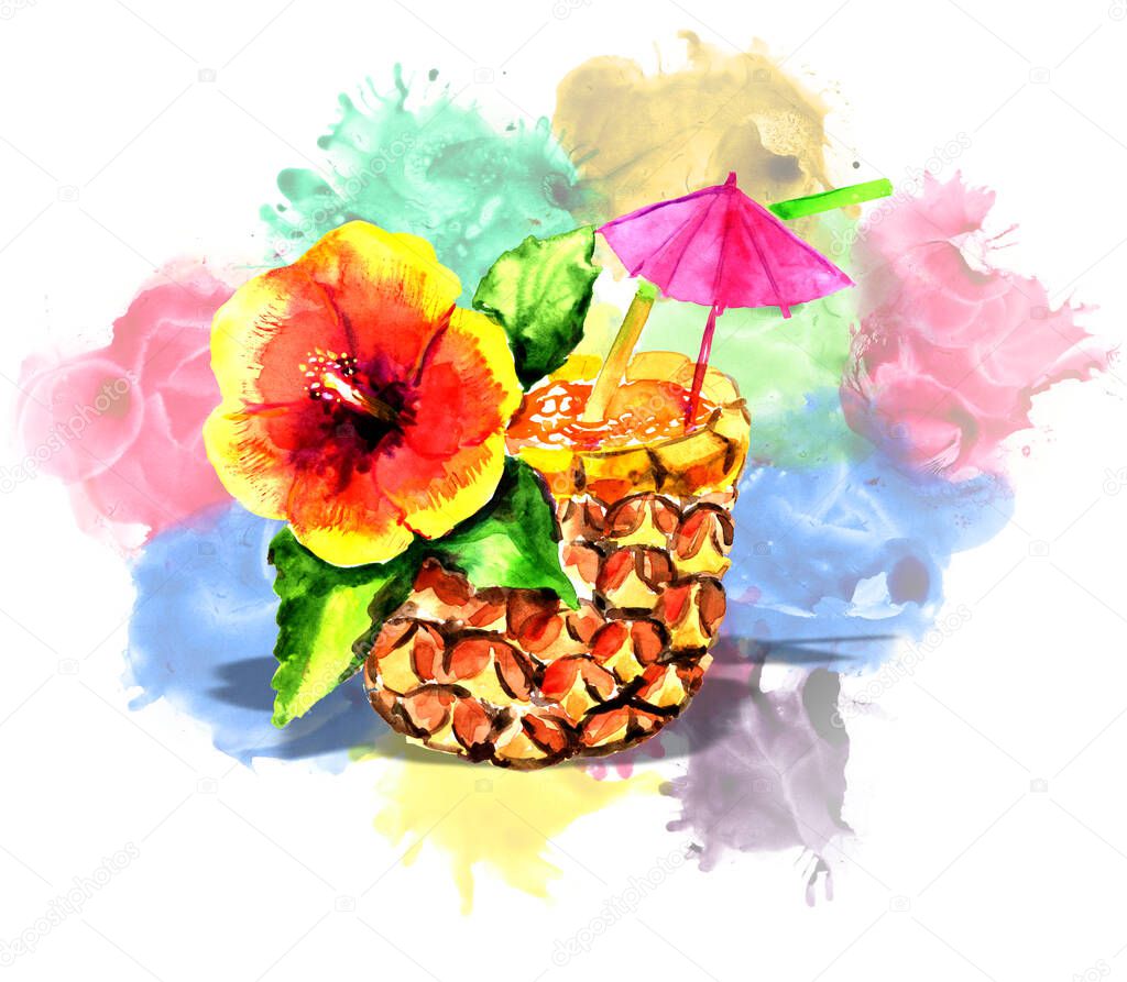 Cocktail with pineapple and tropical flower on a colorful splash background. For design cards or posters.