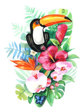 Tropikal bitki örtüsünde, parlak ve güzel çiçeklerin ve kelebeklerin arka planında, Tukan 'ın suluboya resmi